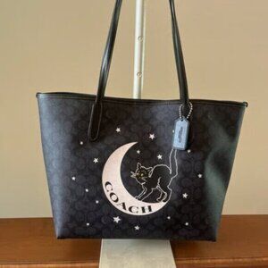 Coach City Tote Signature Canvas With Halloween Cat Graphic Black